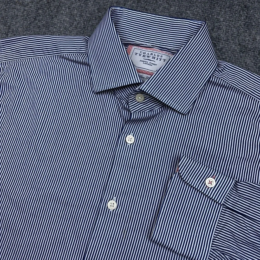 Charles Tyrwhitt Button Down Mens 17/35 Blue Striped Slim Fit Dress Shirt Preppy